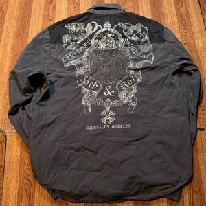 Guess Y2k Black Grey Button Up Dress Polo Shirt Large